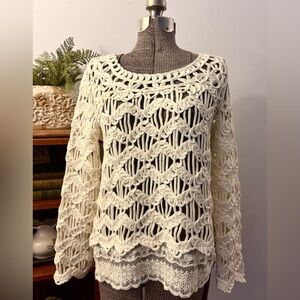 Everleigh Anthropologie Crochet Sweater Lace Hem Cream Boho Chic Medium Top